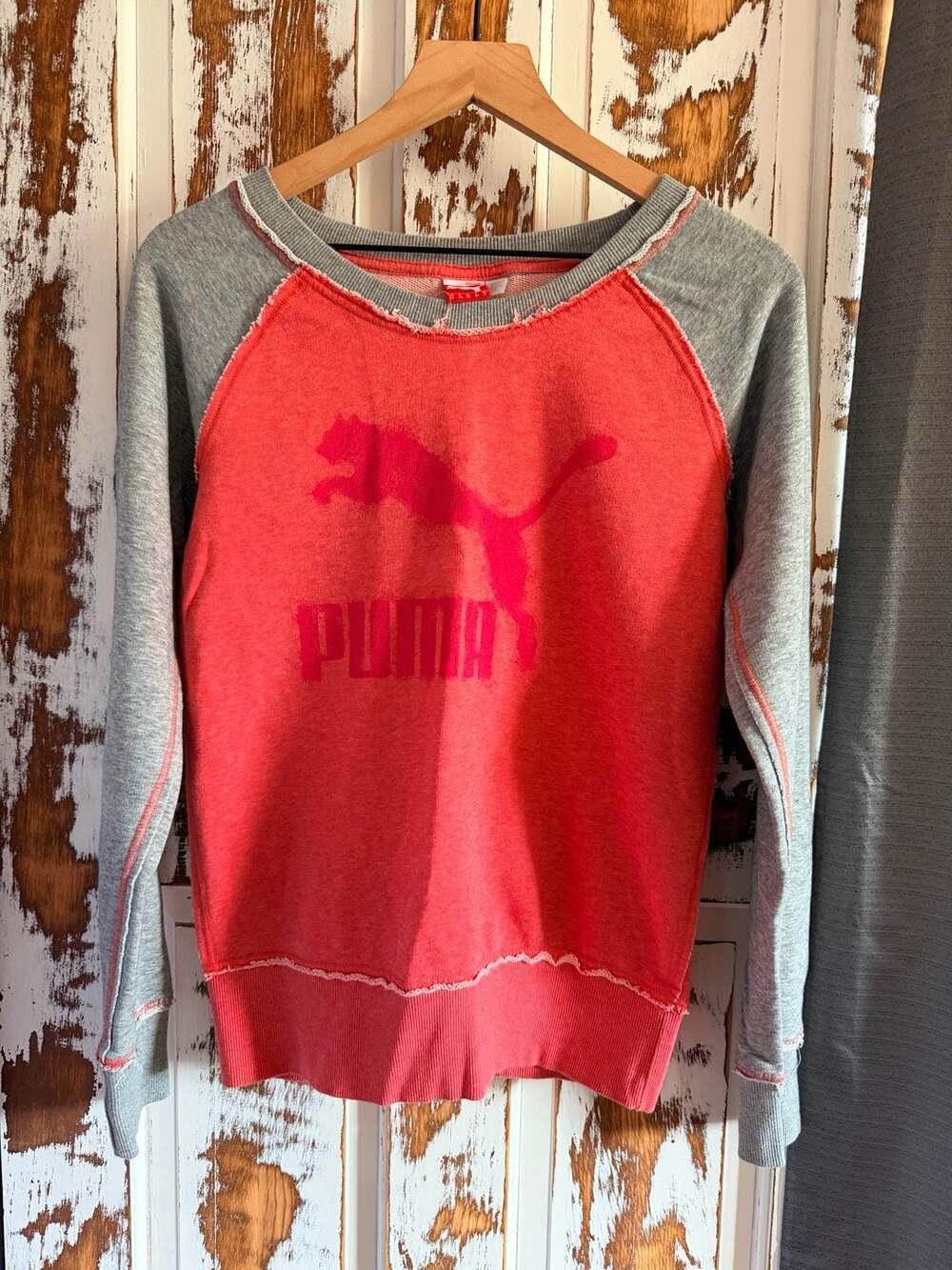 Puma Sportlifestyle Distressed Raglan Crew Neck Sweatshirt in Red and Gray